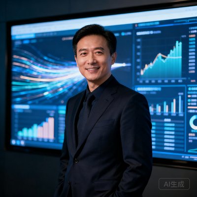 陈志远，开云体育联合创始人兼CEO，身穿深色西装，背景为数据可视化屏幕